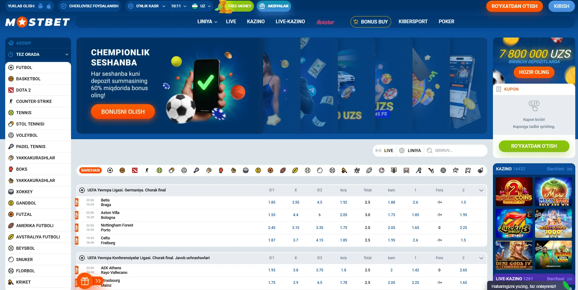 Mostbet casino o'yinlari va slotlar